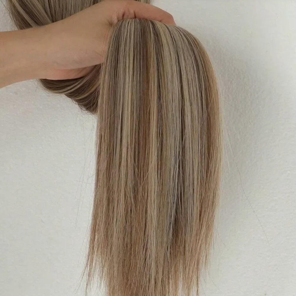 Human hair blend Light Brown With Light Blonde highlights Hair Extensions 24 in